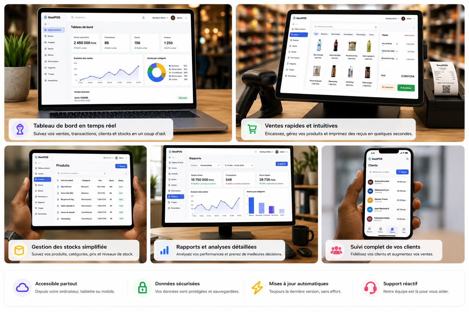 Capture d'écran du logiciel GestPOS montrant la gestion des ventes et des stocks
